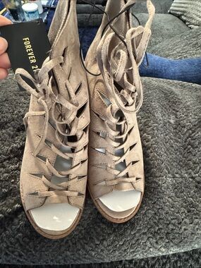 Forever 21 Taupe Lace-Up Suede Peep Toe Heels